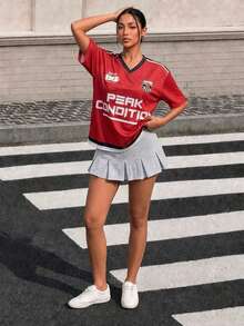 Muchica Women's V-Neck Short Sleeve Sports Casual T-Shirt Gym Red And Black  World Cup Soccer Holiday Brazil Jersey Y2K City Break Vacation Football Jersey - Red - View 6