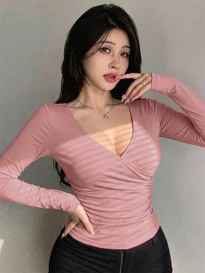 INAWLY Women's Solid Color Overlap V-Neck Long Sleeve Ruched Casual Top