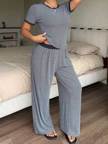 Dazy Plus 2pcs/Set Striped Casual Colorblock Patchwork Slim Fit Short Sleeve Top & Long Pants Loungewear Pajama Set For Spring Summer Autumn - Navy Blue - View 7