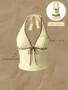 Elavelle Women's Random Print Spaghetti Strap Bow Tie Camisole Bikini Top, Spring/Summer - Multicolor - View 4