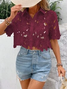 SHEIN Clasi 女款鏤空刺繡短袖單排扣時尚襯衫 - 紅色 - 查看 5