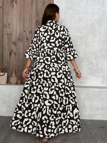 SHEIN LUNE 大尺碼粉色豹紋休閒四層蛋糕裙 - 杏色 - 查看 2