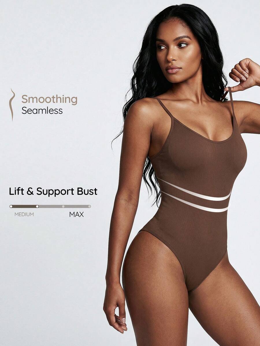 SHAPORA Women's Seamless Coffee Brown Rib-Knit Backless Body Slimming Shapewear Bodysuit - Coffee Brown - View 1