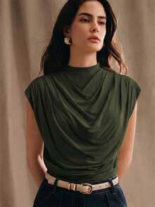 Anewsta Damen Neues minimalistisches Design Plissee Drapiertes Hochbund Slim Fit Tanktop, geeignet für Sommerkleidung, Party, Pendeln - Grün - Übersicht 7