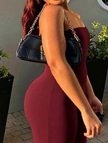 INAWLY Plus Size Summer Fashion Solid Color Strapless Jumpsuit - Burgundy - View 4