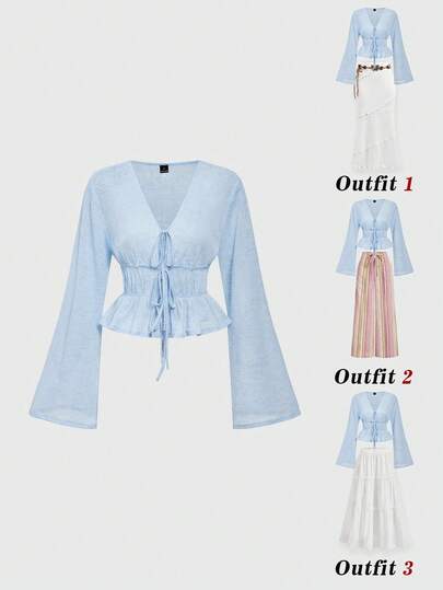 SHEIN MOD Blusa casual versátil de uso diario para mujer, color liso, con cuello en V, plisada y anudada al frente