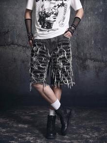 Vyqestra Men's Loose Fit Casual Straight Leg Denim Shorts With Pockets Punk Y2K Acid Washed Grey For Slim-Fit Party Gothic Men Shorts - Dark Grey - View 3