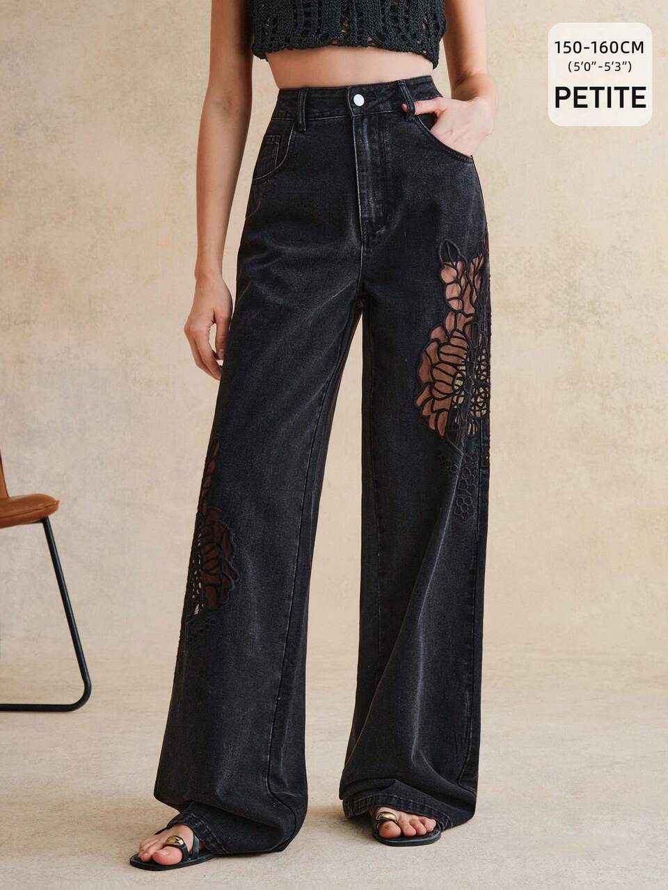 Anewsta Women's New Fashion Casual Boho Heavy Embroidery Hollow Out Summer Vacation Black Floral Straight Leg Pants Night Out