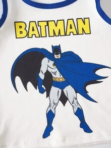 BATMAN X SHEIN 小男孩字母卡通圖案印花背心與短褲居家服套裝 - 白色 - 查看 5