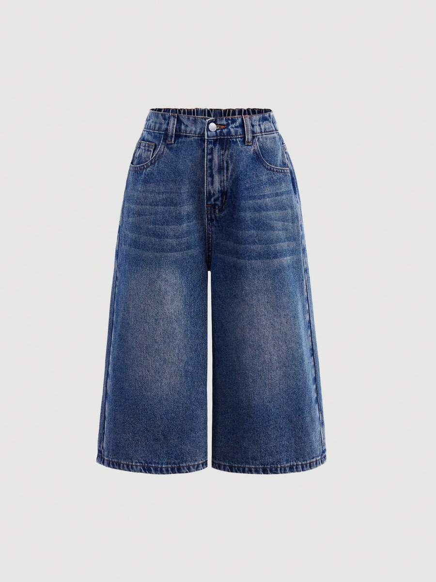 SHEIN Girlism Tween Girl Tween Girl Tween Girl Button Pocket Loose Fashion Versatile Denim Capris - Dark Wash - View 1