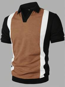 Manfinity Homme 男士休閒簡約條紋短袖 Polo 衫，適合通勤與辦公 - 彩色 - 查看 4