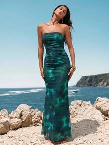 Opulessa Knitted Mesh Printed Fitted Strapless Mermaid Dress For Women Wedding Dinner Vacation Teal Green Summer Jamaican European - Blue - View 6