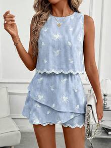SHEIN Clasi 女款條紋花卉刺繡圖案上衣與裙褲兩件套 - 藍白色 - 查看 5