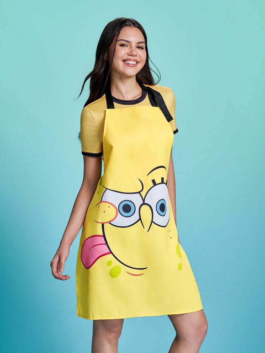 SpongeBob SquarePants | SHEIN 1件裝卡通圖案圍裙,舒適柔軟,廚房烘焙與清潔必備,適合男女通用,禮品首選 - 黃色 - 查看 1