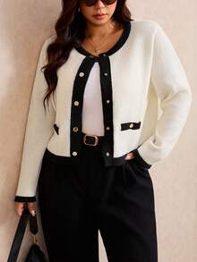 Elaquor Plus Size Autumn/Winter Casual Elegant Contrast Trim Cardigan Office Formal Black And White - Apricot - View 2