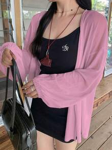 Dazy Plus 素色寬鬆長袖白色開襟罩衫大尺碼女款春夏秋輕便外套 - 淺粉色 - 查看 1