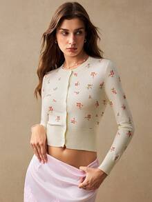 Willow Rêve Women's Pink Floral Pattern Hand-Knit Cardigan Sweater, Romantic Cute Elegant Vacation Style High Tea Party Autumn,Tops For Women,Summer Cardigan - Cream - View 4