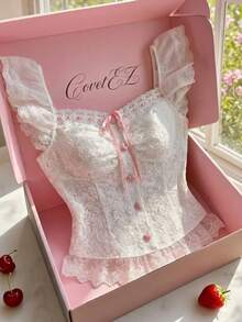 CovetEZ 女款甜美仙氣可愛法式風格愛心鈕扣蕾絲拼接襯衫，適合酒吧、花園派對、早午餐、約會之夜、度假、茶會，白色花卉夏季款 - 白色 - 查看 7