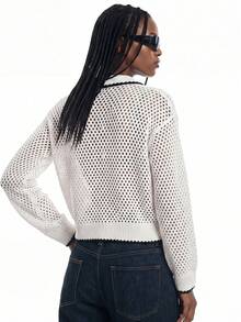 Lumivelle Women's Casual Color Block Shell & Ivory Perforated Long Sleeve Cardigan Sweater - Multicolor - View 2