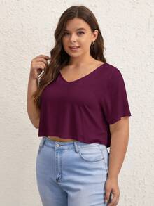 SHEIN BASICS Plus 1件純色V領短版T恤 夏季上衣 女款夏季穿搭 - 酒紅色 - 查看 3
