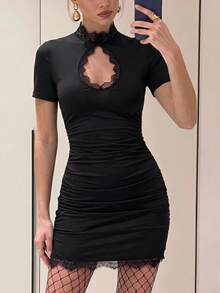 Lumalex Black Ruched Mini Dress With Lace Mock Neck Keyhole Front Short Sleeves Asymmetric Lace Trim Hem And Back Keyhole Luxury Elegant Dresses For Women - Black - View 12