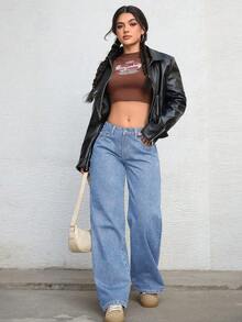 Jeanoix Celana Jeans Cowgirl Plus Size Wanita Model Y2K Denim Musim Panas Biru Tanpa Peregangan, Potongan Lebar - Light Wash - View 4