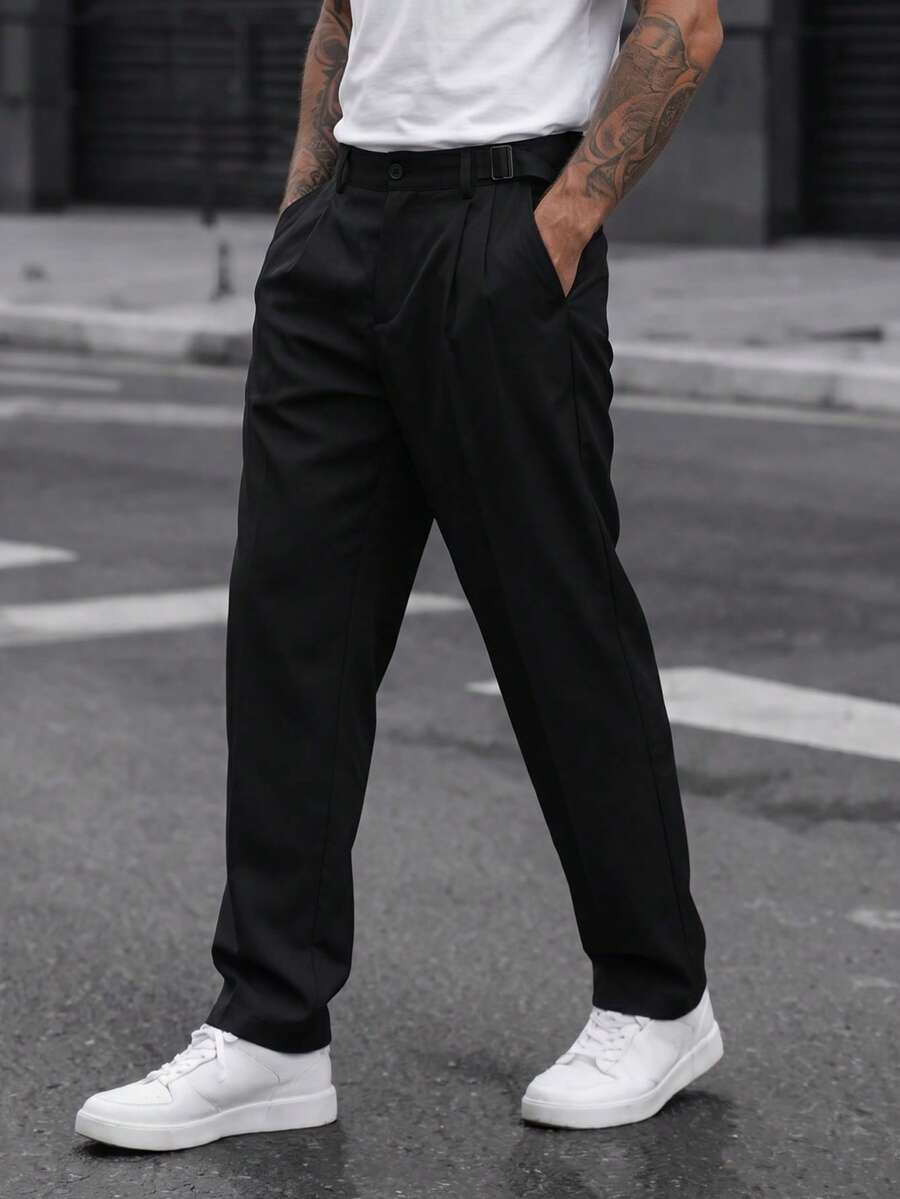 Manfinity CasualCool 男士素色百褶口袋直筒寬鬆休閒百搭長褲 - 黑色 - 查看 1