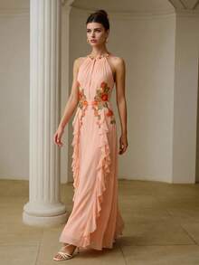 ZEYLAH Vestido elegante de mujer con cuello halter, volantes y bordado - Rosa coral - View 3