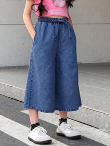 SHEIN Tween女孩休閒水洗寬腿牛仔褲 - 深色水洗藍 - 查看 4