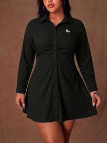 Rustia Autumn Casual Front Button Solid Color Plus Size Dress Fall - Black - View 3