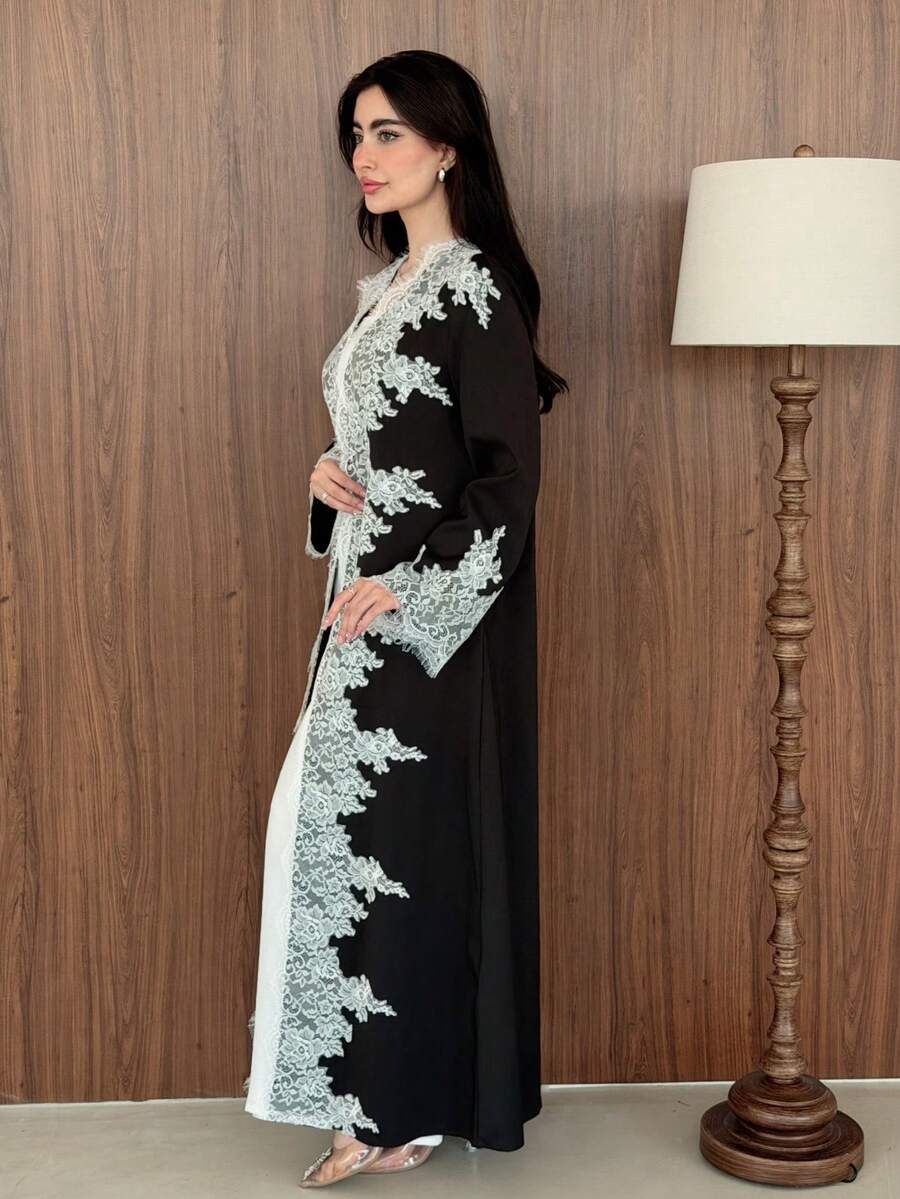 Yasmeen Edit Yasmeen Edit Abaya Wanita Musim Semi & Gugur Hitam & Putih Kontras Renda 3D Longgar Terbuka Depan untuk Liburan