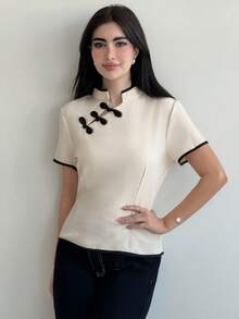 Yasmeen Edit Yasmeen Edit Apricot New Chinese Style Button Collar Short Sleeve Waist Cinched Spring/Summer New Women Shirt - Apricot - View 2