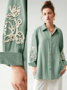 Anewsta Linen Blend Rose Print Vacation Shirt - Green - View 6