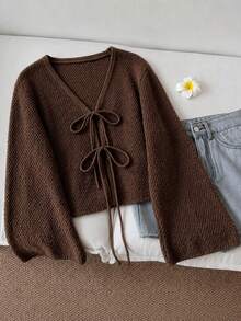 GlowEve CURVE Vintage Dark Brown V-Neck Double Bow Knitted Cardigan Loose Flared Sleeve Short Sweater - Brown - View 1