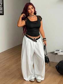 Coolane Damen Große Größen Sommer Streetwear Y2K Basic Alltags-Outfit Ausgehen Vintage Y2K lässig Spitzen Spitzen Patchwork Bustier Quadratischer Ausschnitt Figurbetontes T-Shirt - Schwarz - Übersicht 6