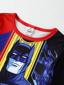 BATMAN X SHEIN 小男孩卡通印花長袖上衣與長褲舒適修身套裝，適合居家與戶外穿著，百搭款 - 黑色 - 查看 3
