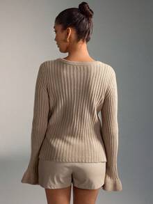 SHEIN WOMEN'S WEAR Rib-Knit Long Sleeve Top Features A Round Neckline Front Button Placket Ruffle Cuffs Everyday Beige Autumn Casual Sexy Going Out - Beige - View 7