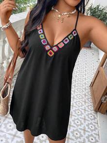SHEIN VCAY Plus Size Colorful Pattern Decor Sleeveless Dress - Black - View 9