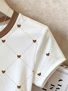 Franclia 女款 T-shirt 夏季外出上衣，棕色與白色拼接，全印心形極簡圖案，圖形設計，修身剪裁，獨特優雅，休閒百搭，日常穿著，舒適面料 - 彩色 - 查看 3
