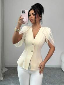 SHEIN Elenzya 女士优雅浪漫修身西装外套，V领设计，褶裥收腰 - 杏色 - 查看 6