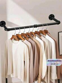 1pc Industrial Pipe Wall-Mounted Clothing Rack, Heavy Duty Black Hanging Closet Rod, Suitable For Bedroom, Entryway, Laundry Drying, Retail Clothing Display - Black - View 1