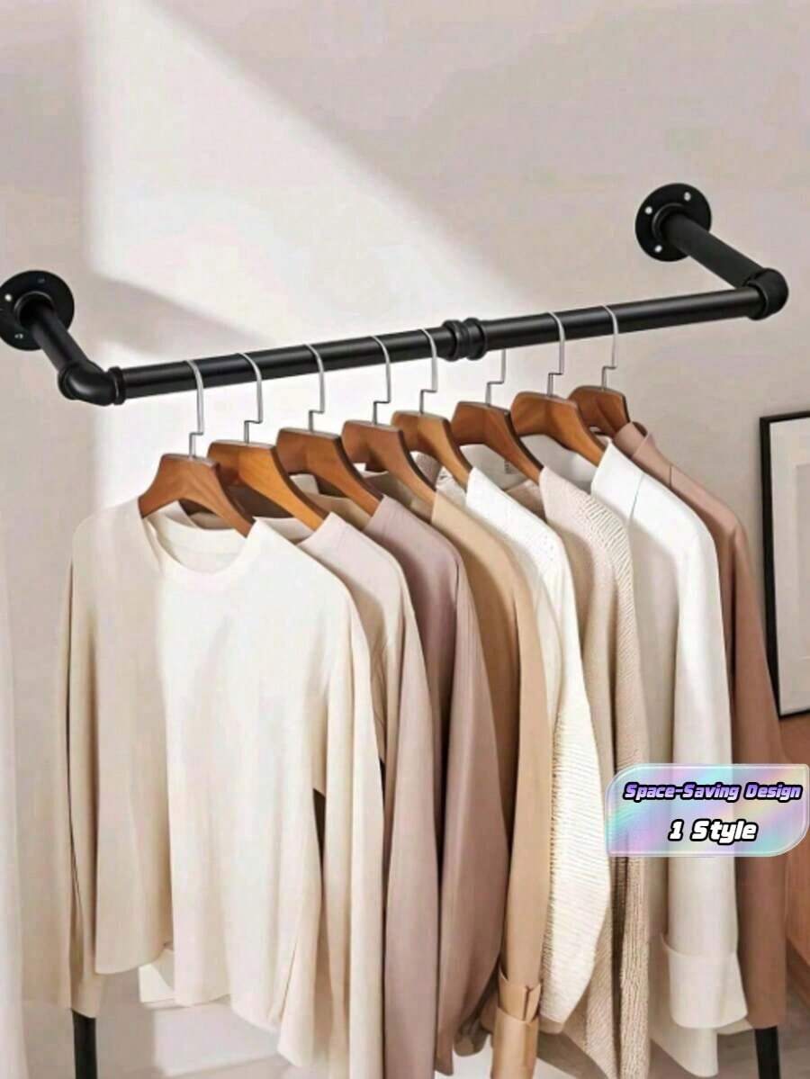 1pc Industrial Pipe Wall-Mounted Clothing Rack, Heavy Duty Black Hanging Closet Rod, Suitable For Bedroom, Entryway, Laundry Drying, Retail Clothing Display - Black - View 1