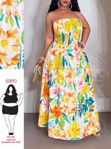 SHEIN CURVE+ Robe sans bretelles plissée à imprimé floral décontractée pour soirée pour femmes grandes tailles - Multicolore - Voir 1
