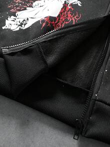 ROMWE MEN Goth 男士重裝水鑽天使印花深色街頭風毛絨連帽衛衣 - 黑色 - 查看 3