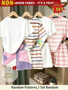 Conjunto básico de camiseta corta y pantalones cortos para niñas con estampado de rayas, lazos y patchwork en rosa y morado - Multicolor - Ver 2