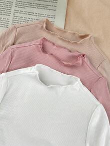 SHEIN LMoss Kids LMoss 3件組新生女嬰舒適針織純色荷葉邊冬季連身衣套裝，秋季 - 淺粉色 - 查看 4