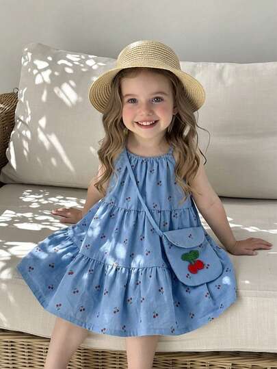 SHEIN Baby Girl Fashion Casual 3D Floral Comfort  راحة استثنائية Súper Cómodo Denim Sleeveless Dress And Bag Outdoor, Travel, Vacation, Beach, Daily Wear