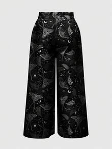 ROMWE Goth 哥德風暗黑蛾蝶月亮太陽星星印花大尺碼女款長褲 - 黑色 - 查看 2