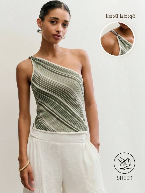 Nöista Asymmetric One-Shoulder Knit Top With Diagonal Multicolor Stripe Pattern. Summer, Spring, Music Festival, Easter, Holidays Outfit, Beachwear, Women Vacay.