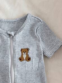 男嬰熊刺繡修身連身衣居家服 - 灰色 - 查看 5